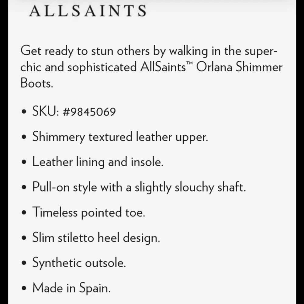 Allsaints Orlana Shimmer Black Boots Sz 10 Shimmery Leather Pointed Toe fall